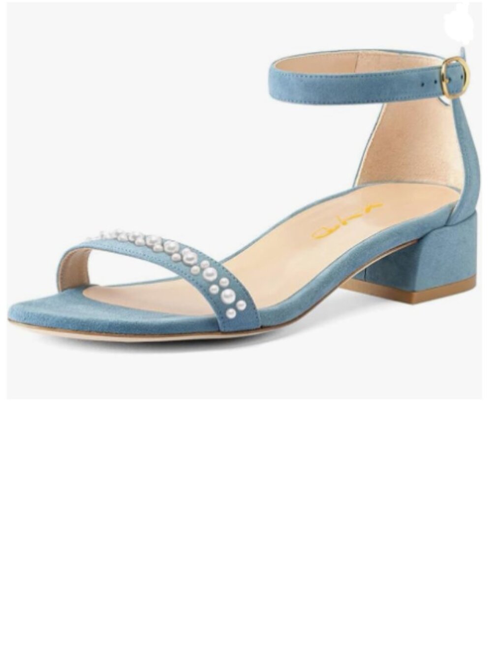 XYD Sky Blue Pearls Open Toe Strappy Block Heel Sandal Ankle Strap with Buckle